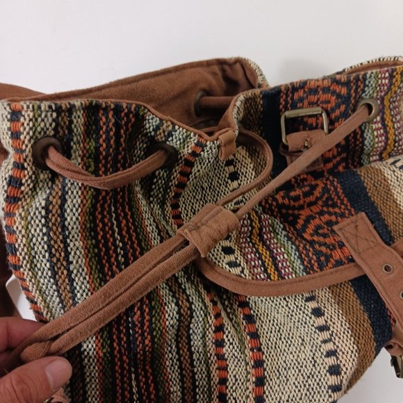 Catori Southwestern Drawstring Mini Backpack Bag Brown Blanket Canvas Tweed - Picture 15 of 15